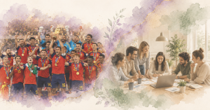 Equipo de fútbol y equipo de empresa representando la importancia de la seguridad psicológica y el liderazgo saludable.